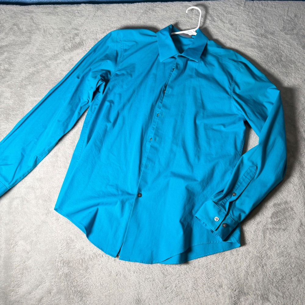 Van Heusen Flex3 Slim Fit Shirt Mens Medium 15-15.5 32/33 Turquoise Blue Stretch